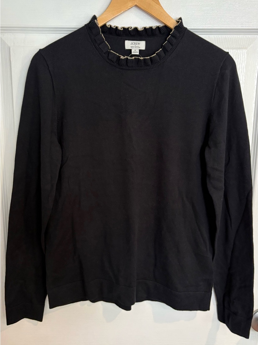 J. Crew Black Crewneck Sweater with Ruffle Good Trim